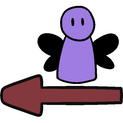 A purple figure with fairy wings standing over a red arrow pointing left.